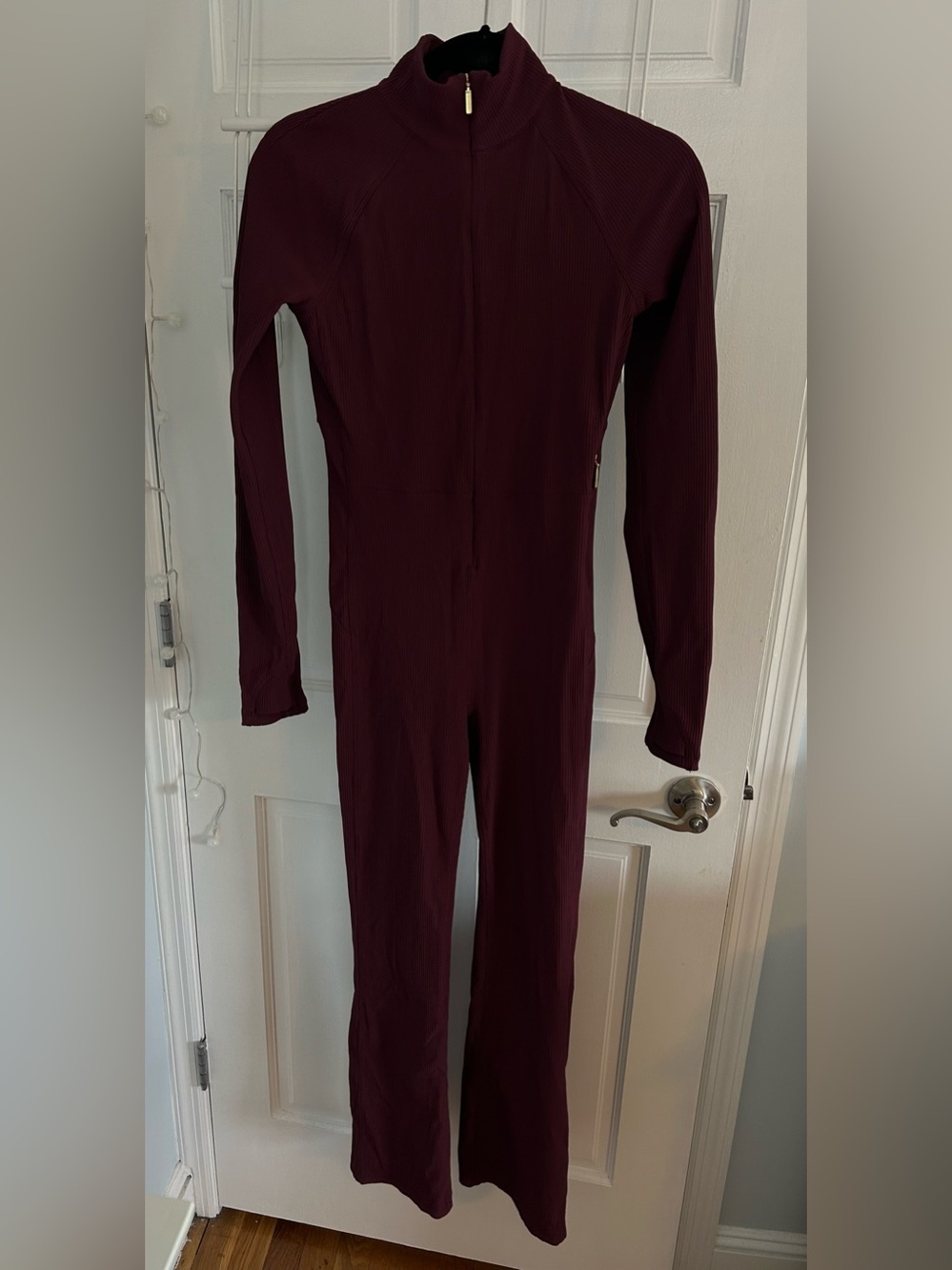 Stylish Athleta x Alicia Keys Long-Sleeve Zip Front Jumpsuit in Deep Burgundy